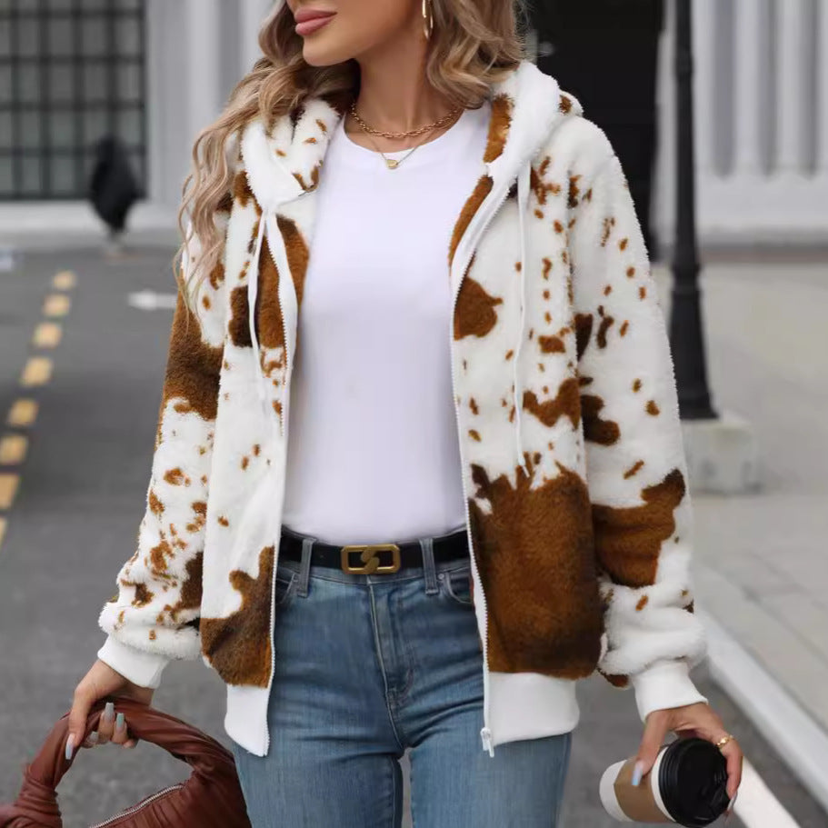 Hooded Zipper Plush Printed Cardigan Jacket