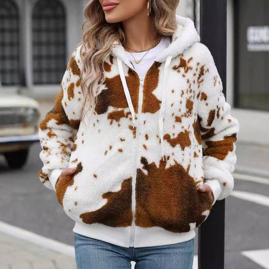 Hooded Zipper Plush Printed Cardigan Jacket